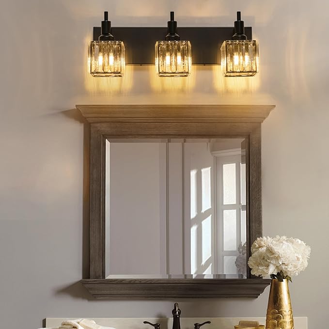 Black Crystal Bathroom Vanity Light 3-Light Modern Bathroom Lighting Fixtures Over Mirror, Black Wall Sconce Light Fixtures with Square Shade