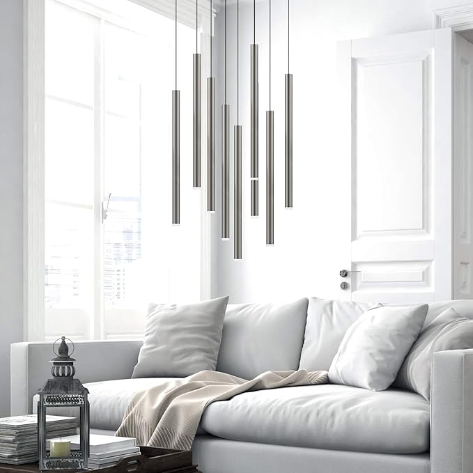 CANALIS 9 Mini Pendant Lighting Nickel - LED Hanging Light Fixture for Kitchen Island, Bar, Foyer - Cluster Pendants - Dimmable, Adjustable Wire, Lamp Bulb Included