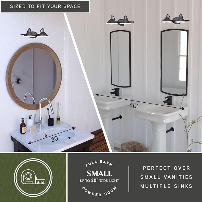 VAXCEL Akron 2-Light 18 inch Wide Oil Rubbed Bronze and Matte White Farmhouse Bathroom Vanity Lighting Fixture, Metal Shade, Dimmable, LED Compatible, Over The Mirror Mounted Steel Wall Sconce