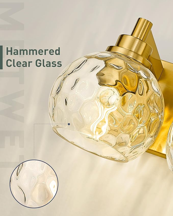 Bathroom Light Fixtures Over Mirror, 3-Light Brushed Gold Vanity Light with Clear Hammered Glass Globe Shade, Modern Sconces Wall Lighting Bedroom Hallway, VL200-BG-3