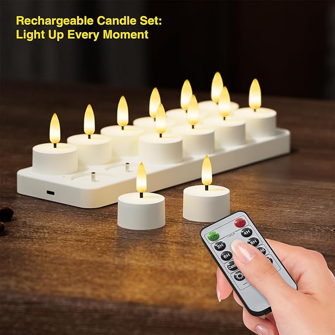 Rechargeable Flameless Tea Lights Candles with Charging Station,LED Tea Lights Candles with Remote Control Timer for Valentine's Day,Centerpiece Table Decorations,Anniversary,Home Decor,12-Pack
