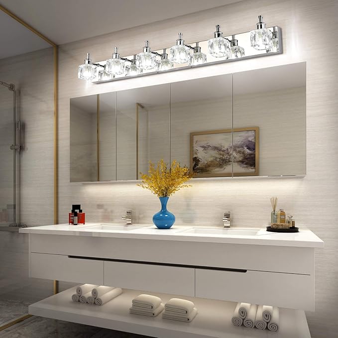PRESDE Modern 6 Light Bathroom Vanity Lights for Bathroom Lighting fixtures Over Mirror LED Chrome Crystal Vanity Wall Light