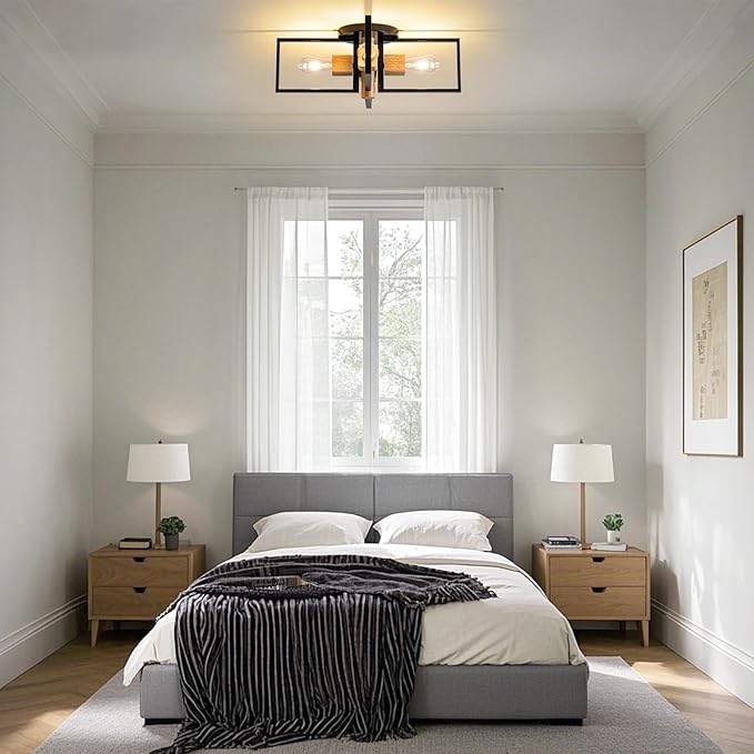 Industrial Ceiling Light Black 4 Light Semi Flush Mount Lights Wood Sputnik Light Fixture 24" Farmhouse Ceiling Light for Kitchen Bedroom Bathroom Foyer Hallway E26