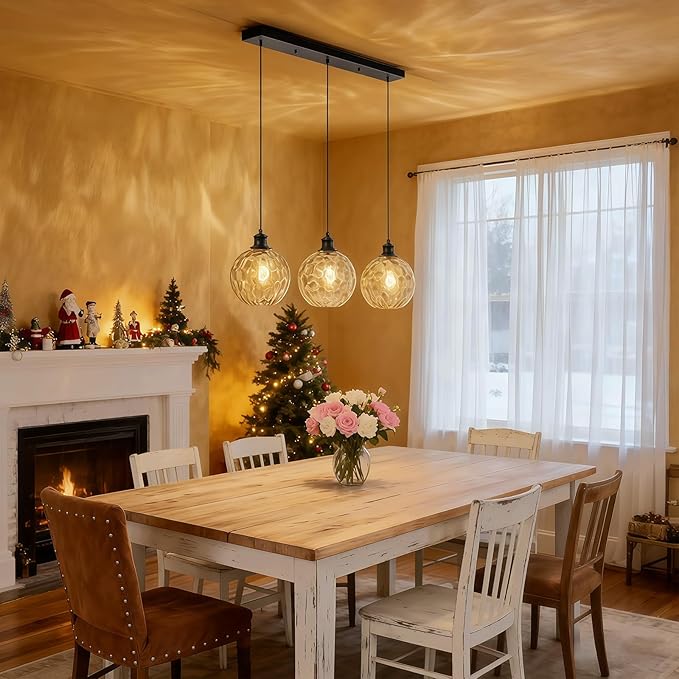 3-Light Black Island Lights for Kitchen, 31.5" Globe Pendant Light with Clear Hammered Glass Shade, Farmhouse Adjustable Hanging Light Fixtures for Dining Room Kitchen Island