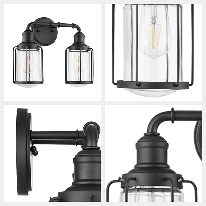 Prominence Home Lincoln Woods 2 Light Matte Black Industrial Bathroom Vanity Light with Cage and Clear Glass - 51544-01