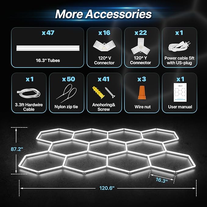 HYPERLITE Gen 2 Hexagon Garage Lights: 322W 32200LM 11 Grids Hexagon Led Light, 6500K Ultra Bright Honeycomb Hex Lights, Easy Install, Durable Design for Garage, Car Detailing, Workshops, Gym
