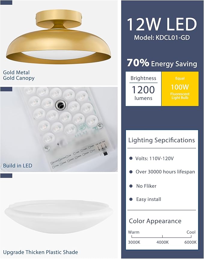 kudos Gold Ceiling Light 2PK, 12 Inch LED Semi Flush Mount Ceiling Light Fixture, 12W/700Lm Ceiling Lights for Kitchen, Bathroom, Hallway, 3000K/4000K/6000K Adjustable,KDCL01-GD-2PK