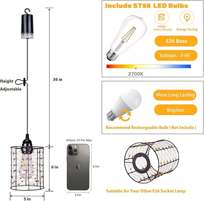Battery Operated Hanging Outdoor Chandelier, Battery Power 5′′×6′′ Pendant Light, Gazebo Lights Outdoor, 4 AA Batteries, for Gazebo, Pergola, Porch, Patio, Indoor Outdoor Decor Lighting (2)