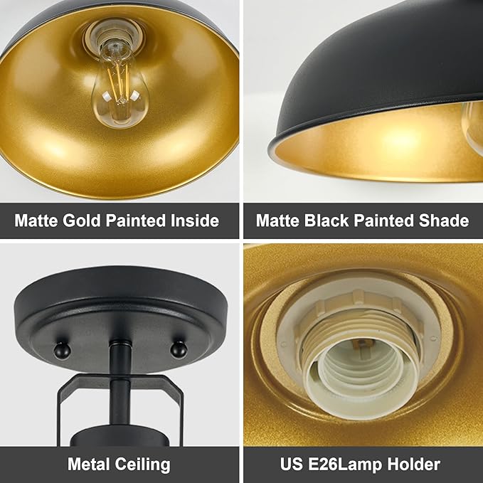 Metal Semi Flush Mount Light Fixture 11.4 inch Ceiling Light Black Hallway Light Fixtures for Kitchen,Hall,Bedroom,Bathroom,Entryway 2 Pack