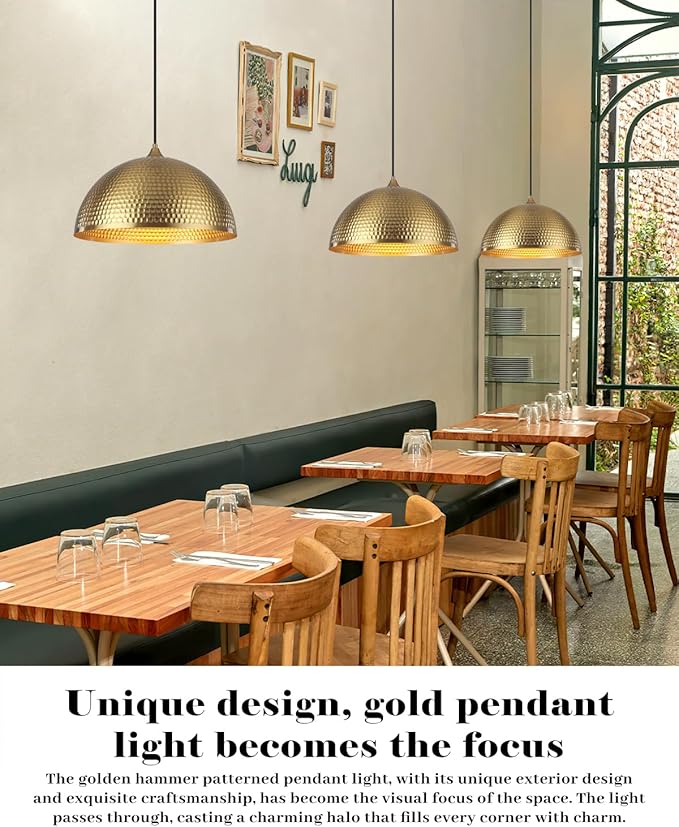 Gold Pendant Light 16 inch, Hammered Large Dome Pendant Light, Industrial Farmhouse Pendant Lights Kitchen Island, Oversize Gold Kitchen Pendant Lights for Kitchen, Dining Room 3 Packs