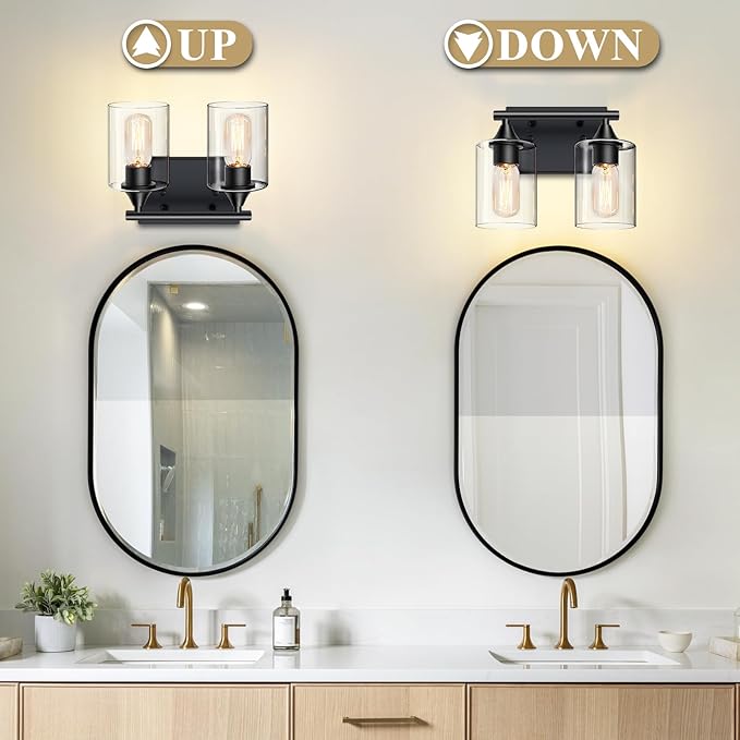 Vanity Lighting Fixtures,2-Light Bathroom Lights Over Mirror,Modern Sconces Wall Lighting with Clear Glass Shade,Light Fixture for Bathroom Bedroom Living Room Vanity Table Hallway