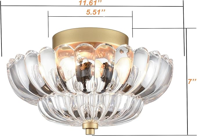 HYDELITE Gold Ceiling Light Fixture Bedroom Semi Flush Mount Ceiling Light Fixtures for Entryway Bathroom Living Room Proch with Scalloped Clear Glass