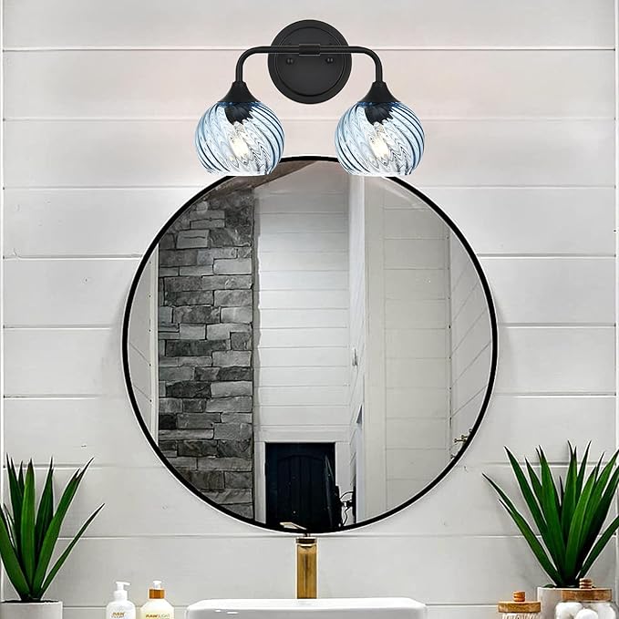 MELUCEE 15 Inch 2 Light Bathroom Wall Lights with Blue Striped Swirl Glass Shade, Black Bathroom Lights Over Mirror Vanity Lighting Fixtures Wall Lamp for Bathroom, Living Room, Hallway