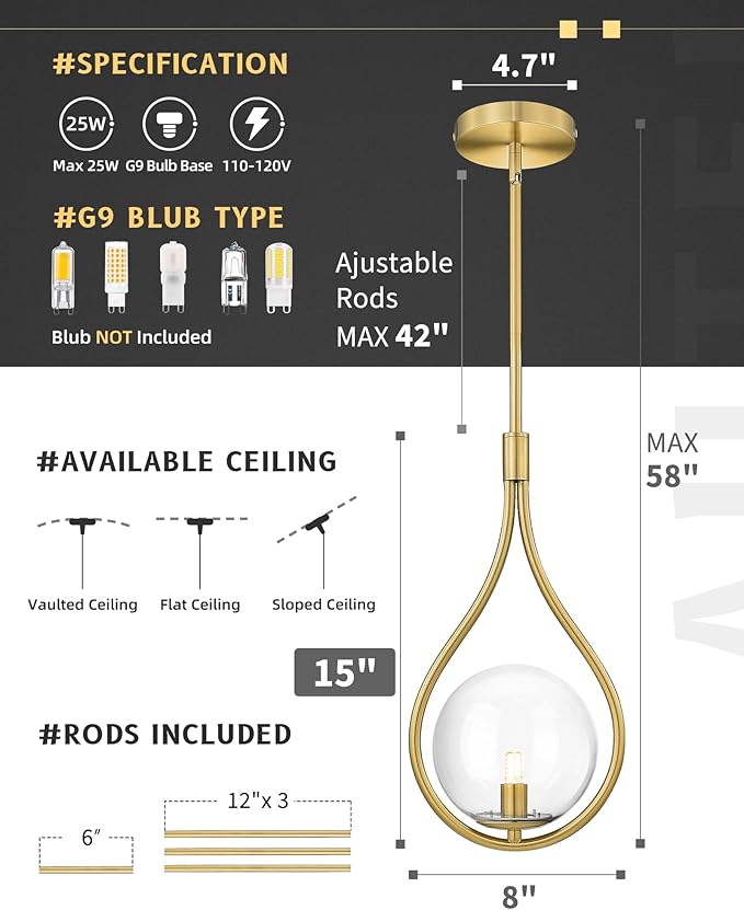 AUTELO 2 Pack Gold Pendant Lights, Hanging Lamp in Brushed Gold Finish with Clear Globe Glass, Mid Century Pendant Lights Kitchen Island with Adjustable Rods for Kitchen H9377 CLBG-2PK