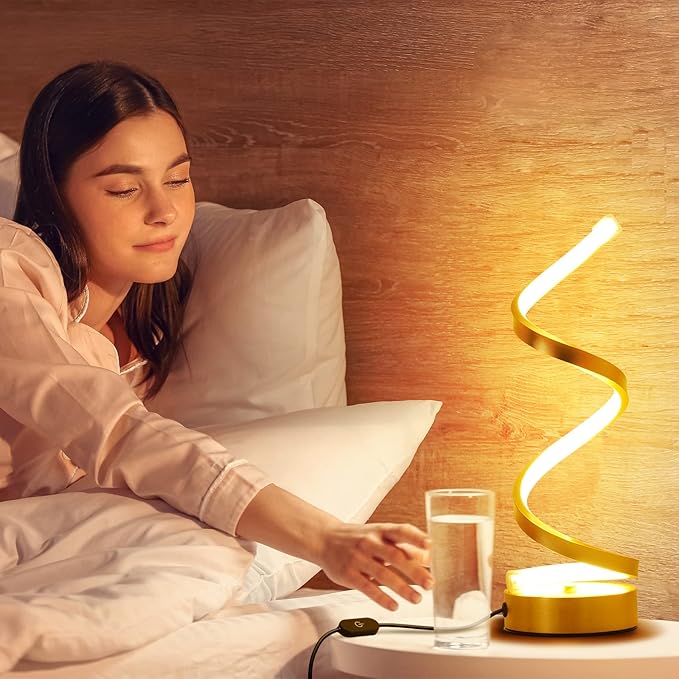 NUÜR Gold Infinity Spiral LED Table Lamp, Dimmable Metallic Bedside Lamp with Touch Controller, 3 Colour Temperature, 15.8 Inch Height, Decorative Lamp for Home, Living Room & Office