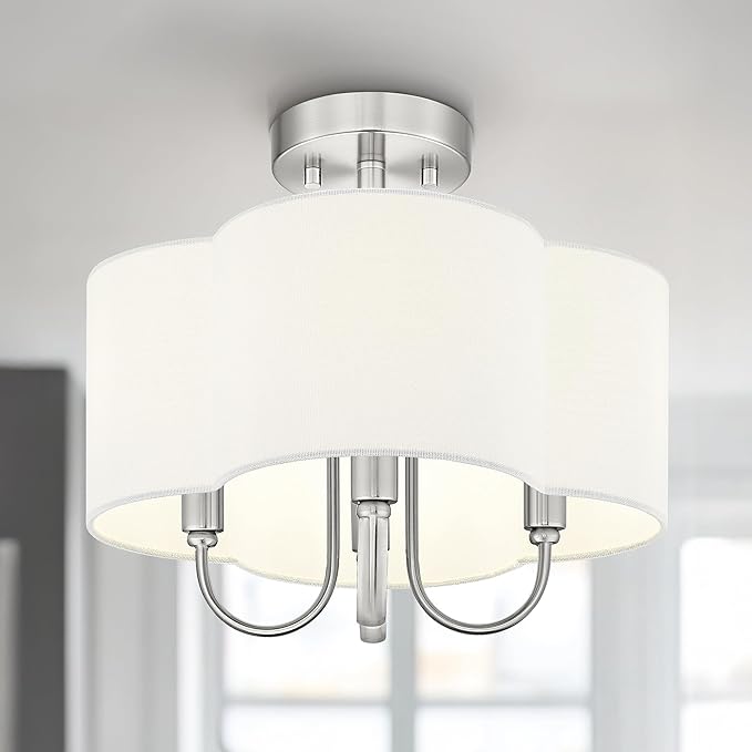 4-Light Semi Flush Mount Ceiling Light, 13.5" Vintage Light Fixtures Ceiling Mount with Fabric Shade in Quatrefoil for Kitchen Entryway Hallway Bedroom, Brushed Nickel, SM179-BN