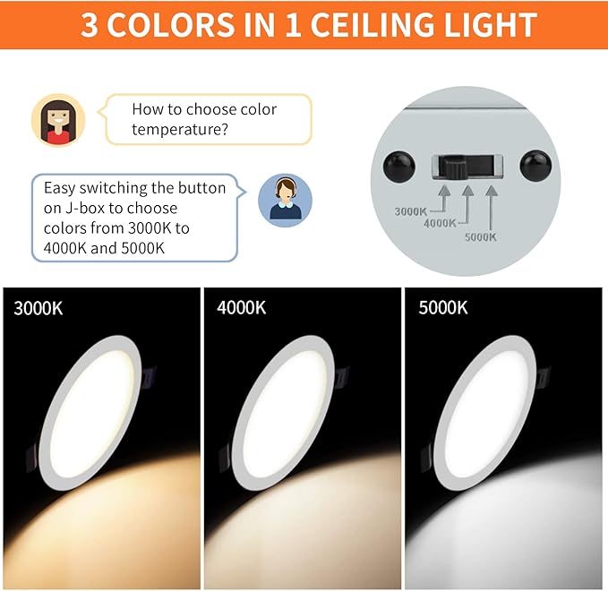 Meconard 6 Pack 4 Inch LED Recessed Ceiling Light with Junction Box, 3000K/4000K/5000K Selectable, 9W=75W 750LM, Dimmable Canless Downlights, ETL and Energy Star Listed