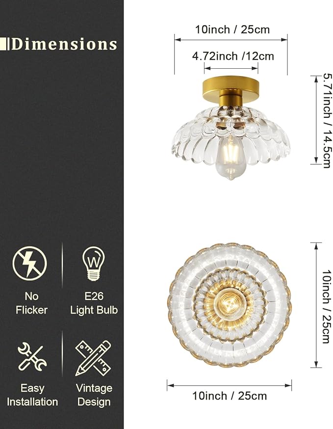 ANYLOVE 10 Inch Clear Glass Vintage Glass Semi Flush Mount Ceiling Light, E26 Socket for Bedroom Kitchen Hallway Foyer