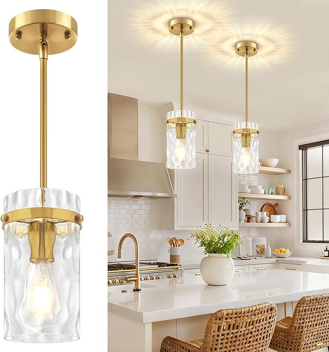 Brushed Gold Pendant Lights Kitchen Island 2 Pack, Hammered Glass Kitchen Pendant Lighting Over Island Adjustable Hanging Bathroom Light Fixtures Modern Pendant Light for Dining Room Hallway Foyer