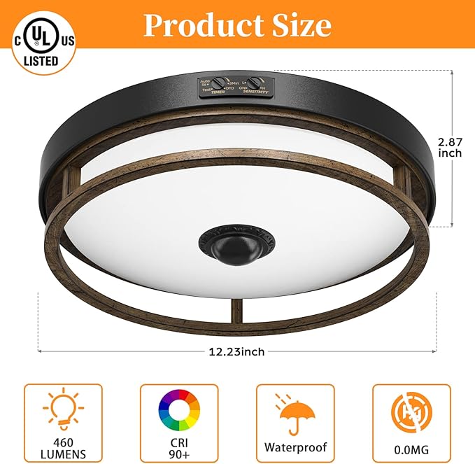 Motion Sensor Outdoor Ceiling Light, 2 Pack Outdoor Flush Mount LED Farmhouse Ceiling Light Fixtures, 12" Dusk to Dawn Porch Lights for Ceiling, Rustic Ceiling Lamp for Entryway, Garage