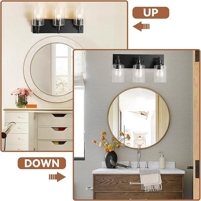 LOUSACE 3 Light Bathroom Vanity Light, Matte Black Bathroom Light Fixtures Over Mirror, Modern Bathroom Lighting with Clear Glass Shade, Black Farmhouse Wall Sconces Lighting Fixture for Bedroom