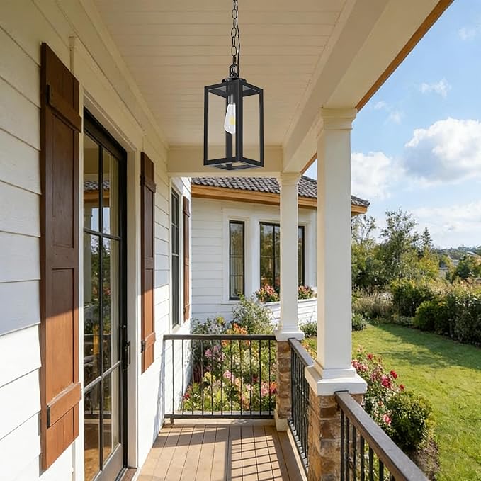 13" Dusk to Dawn Outdoor Pendant Light,Exterior Outside Chandelier Hanging Lantern Light, Matte Black with Clear Glass for Front Door,Porch, Gazebo, Garden.