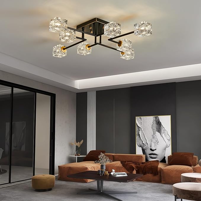 Modern 8-Light Semi Flush Mount Ceiling Light Fixture Black and Gold Chandelier Farmhouse Ceiling Lamp for Dining Room Bedroom Bathroom Entryway Hallway Stairway