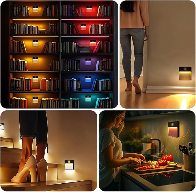 Guankai 3 Pack Motion Sensor Stair Light for Indoor, Rechargeable Battery Operated Night Lights, RGBW Stick On Closet Lamp, Motion Activated Magnetic Lighting Lamps for Step, Cabinet,Hallway,Bathroom