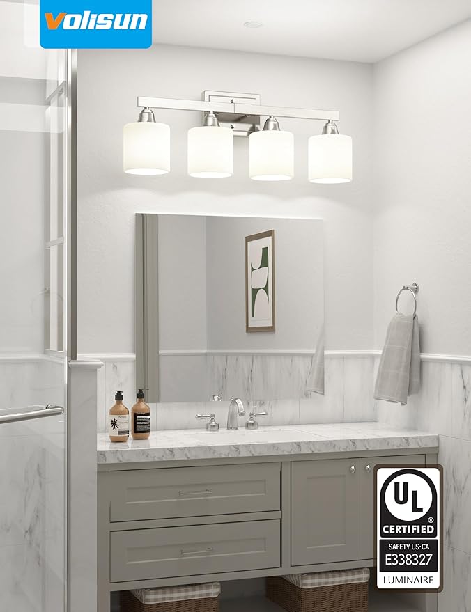 VOLISUN Brushed Nickel Bathroom Light Fixtures, 4-Light Bathroom Vanity Lights Over Mirror, Modern Vanity Light for Bathrooms, Bathrooms Lights Fixtures Over Mirror with Milky White Glass Shades