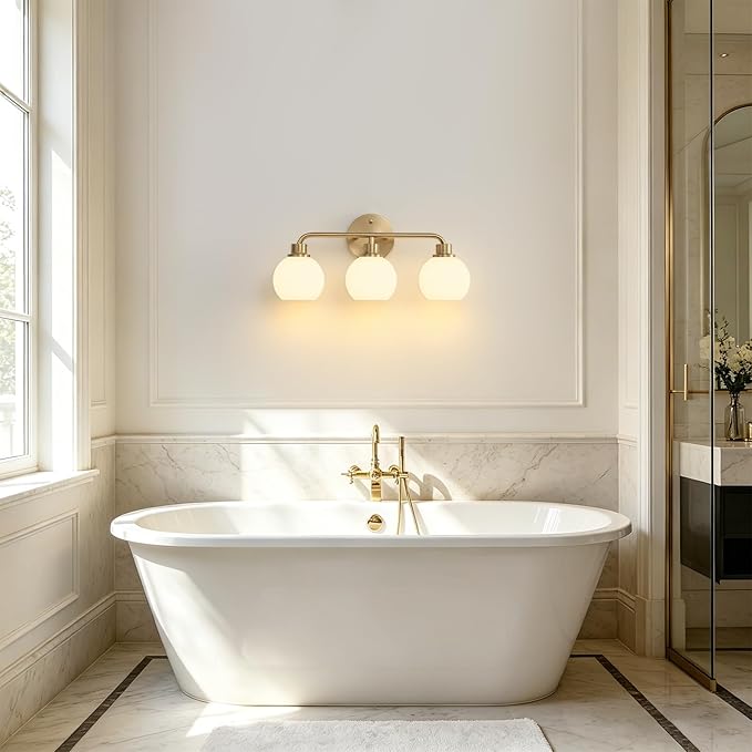 Bathroom Light Fixtures Gold Vanity Light 3 Light Wall Sconces Lighting Brushed Brass Lights with Milk Globe Glass Shades Bath Wall Lamp for Mirror Kitchen Living Room Bedroom Hallway