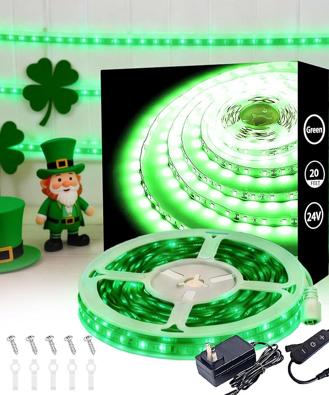Green Led Lights Strip ST. Patrick's Day Decorations Indoor Rope Lights Easy DIY Cuttable Strip Lights for Room Bathroom Living Room Kitchen Ceiling Wall Vanity Mirror Decor