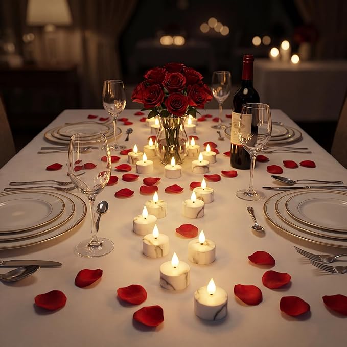 Flameless Tea Lights Candles with Charging Station,White Marble Pattern,LED Tea Lights Candles with Remote Control Timer for Valentine's Day,Centerpiece Table Decorations,Anniversary,Home Decor,12Pack