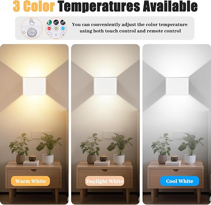 Yochoice Motion Sensor Wall Light Indoor Set of 2, 6000mAh Wireless Rechargeable Battery Operated LED Sconce Up Down with Touch Remote Control, Battery Powered Magnetic Wall Lamps with 3CCT, White