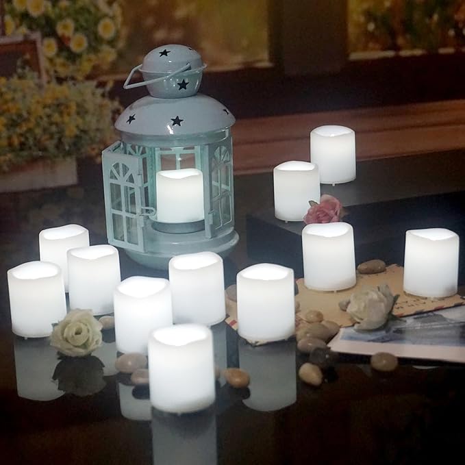 12 Pack Flameless Votive Candles Flickering Electric Fake Candles LED Battery Operated Tea Lights for Home Wedding Decor Party Table Halloween Christmas Decorations, White Glow