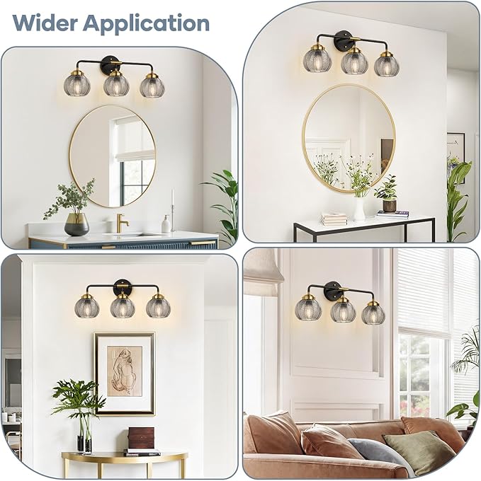 MOKATNG Bathroom Light Fixtures, 3-Light Smokegray Vanity Lights with Unique Leaf Texture Glass Shade, Modern Matte Black and Gold Bathroom Wall Lamp for Mirror Hallway Cabinet Living Room