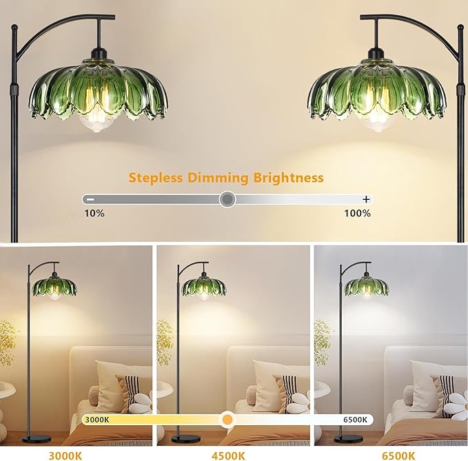 QIYIZM Gold Floor Lamp for Living Room,Bedroom,Standing Lamp with Remote Dimmable Brass Tall Lamp Vintage Retro Mid Century Modern Floor Lamps Arc Green Glass Flower Lamp Floor Light Boho Bohemian