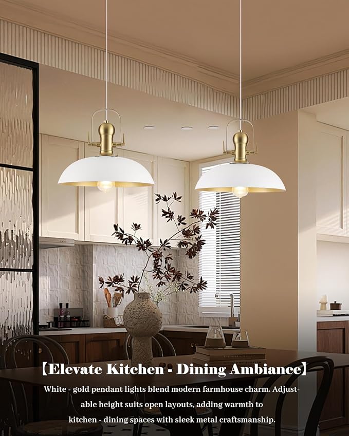 White and Gold Pendant Lights 2 Pack, 13.8 Inch White Farmhouse Pendant Light Kitchen Island, Industrial Pendant Lights, Island Pendant Lights for Kitchen Barn Hallway Porch Dining Room