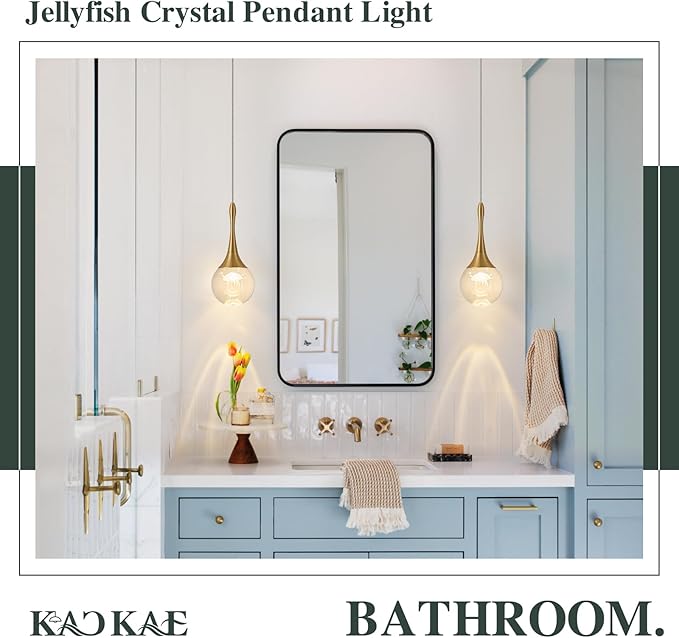 LED Pendant Light Kitchen Island Jellyfish Crystal Pendant Lights Dimmable Gold Modern Hanging Light for Bedroom Bathroom Living Room 3000K Warm White, 1 Pack