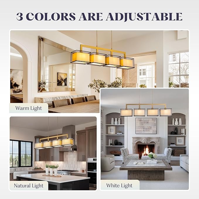 Modern 4-Light Linear Chandelier,Kitchen Island Light with Fabric Drum Shade, Adjustable Height Rectangular Pendant for Dining Room, Living Room, Hallway (L44 INxW7 in xH11 in)