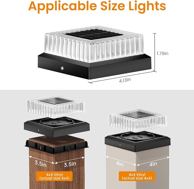 APONUO Solar Post Cap Lights, 8-Pack IP65 Waterproof for 4x4 Posts, 20 Lumens Deck Post Lights Solar Powered Outdoor – Perfect for Fence, Patio, Garden,Decor, Black
