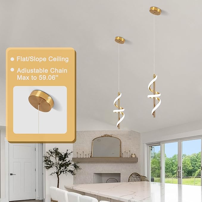 Spiral Led Pendant Light Fixtures, 5500K Gold Modern Led Pendant Light Kitchen Island, Adjustable Height Kitchen Island Lights Fixtures for Dining Room Bedroom Sink