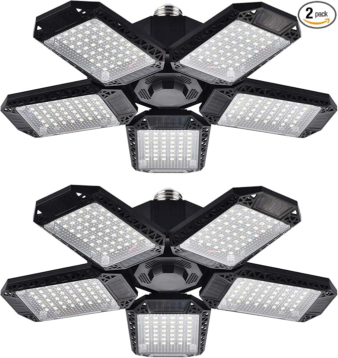 Mefflypee 2 Pack LED Garage Lights, 120W Deformable LED Garage Ceiling Light with 5 Adjustable Panels, 12000LM E26 Shop Lamp for Basement, Barn, High Bay, Store (2 Pack)