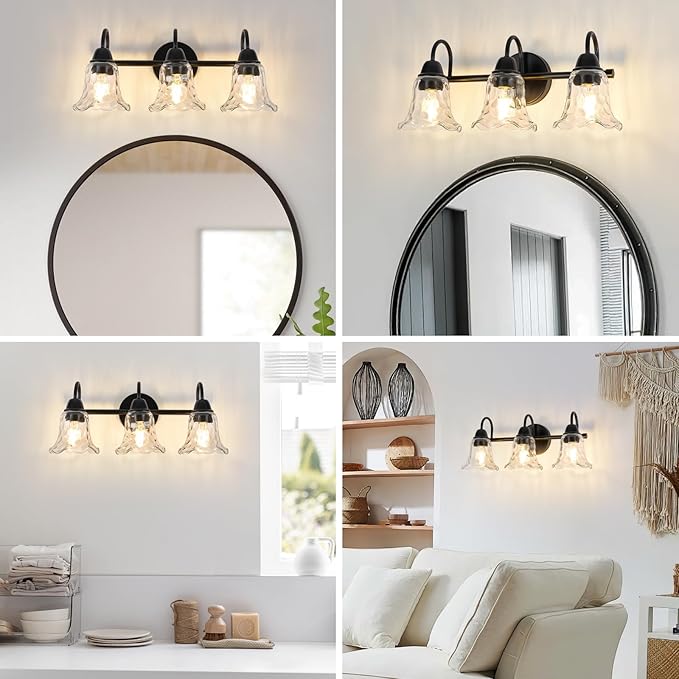 Bathroom Light Fixtures over Mirror, 3 Lights Vintage Wall Sconces with Hammered Glass Shade, 19.3" Matte Black Farmhouse Bathroom Wall Light Fixtures for Bedroom, Porch, Hotel, Mirror Cabinet