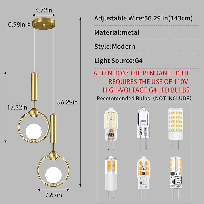 Modern Globe Glass Pendant Light fixtures 2-Light, Simplicity Gold Pendant Lighting, Mid Century Chandelier for Kitchen Island Dining Room Bedroom Entryway Hallway