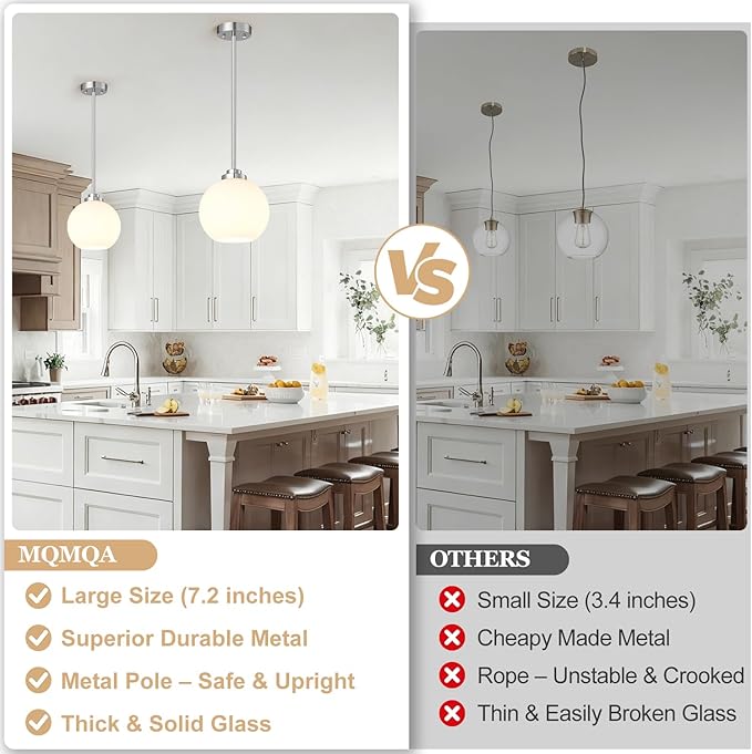 2 Pack 7.2-Inch Globe Pendant Lights, Mid Century Brushed Nickel Pendant Light Fixtures, Globe Pendant Lights Kitchen Island with Milk Glass Shade Hanging Fixture for Dining Room Bulbs not Included