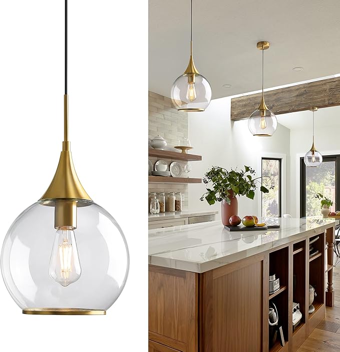 Pendant Lights Kitchen Island: Brushed Gold Light Fixture Farmhouse with Clear Glass - 10 Inch Mid Century Globe Kitchen Lighting Fixtures Ceiling for Dining Room