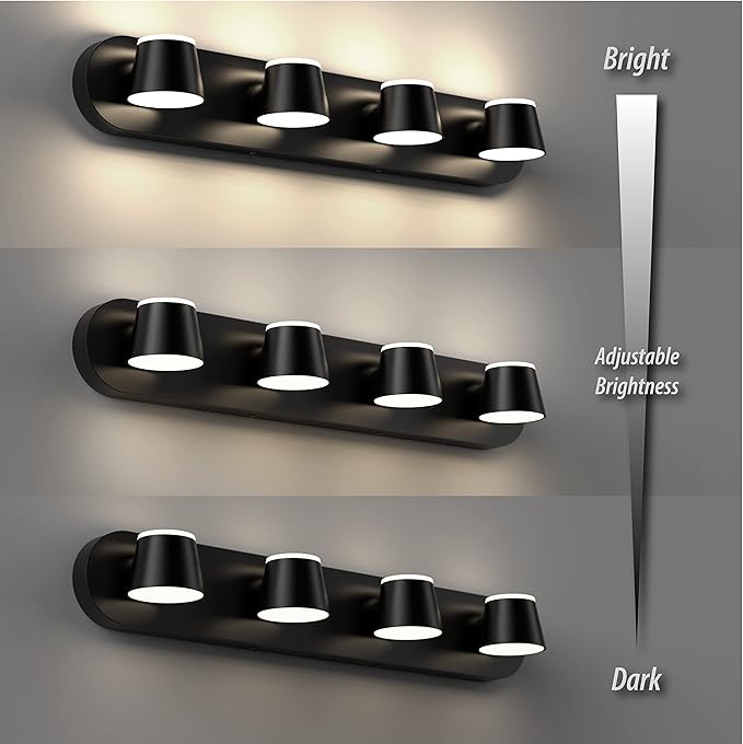 URSOLA 4 Light Bathroom Vanity Light, LED Black Wall Light Fixtures, Up and Down Rotatable Dimmable, 27 inch Bathroom Lighting Fixtures Over Mirror