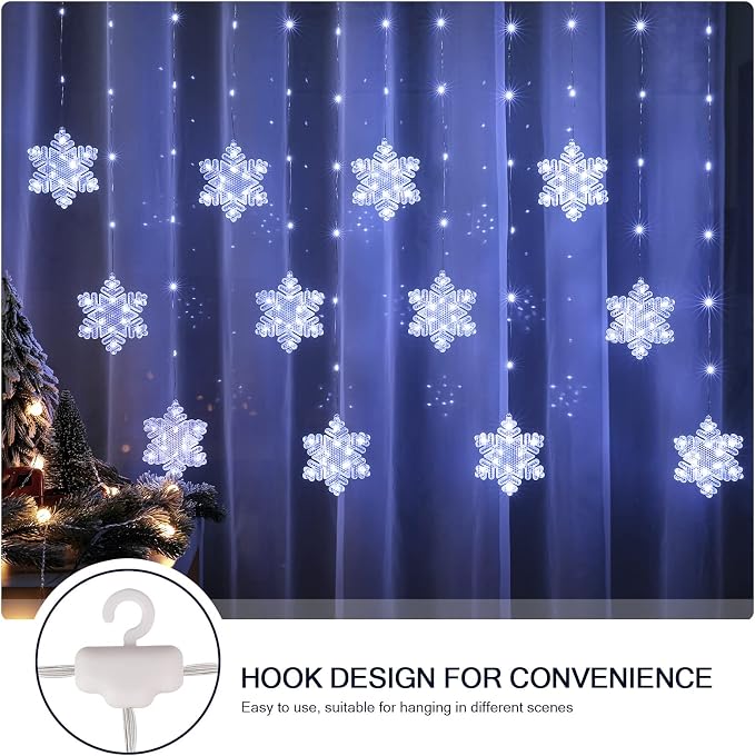 BLOOMWIN Christmas Fairy Curtain Lights 9.8ft Snowflake Lights USB Christmas Indoor Decorations 204LEDs Twinkle Lights with Remote for Bedroom Xmas - Cool White