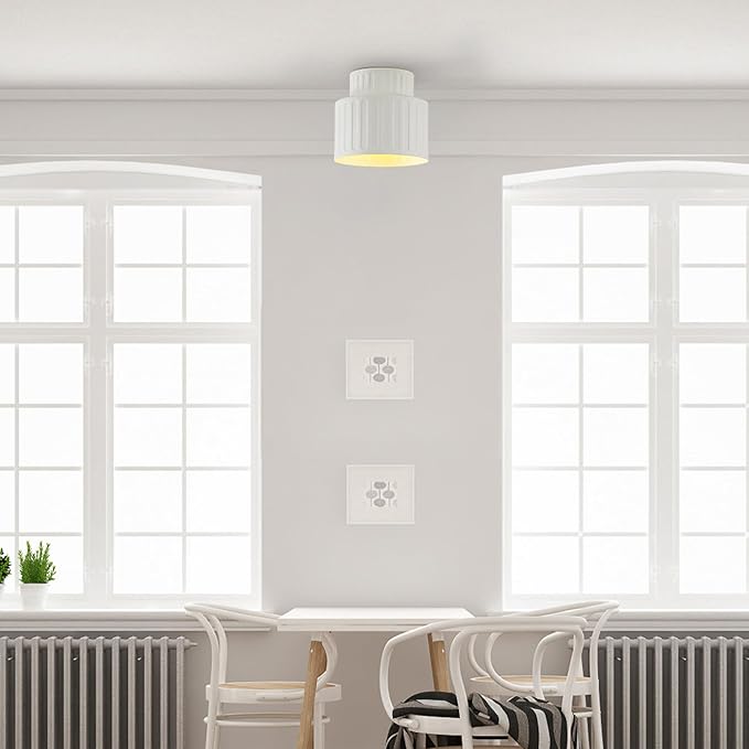 GLOBE Electric 66000135 1-Light Flush Mount Ceiling Light, Ceramic Effect Shade, Matte Off-White, Ribbed, Home Improvement, Dining Room, Kitchen