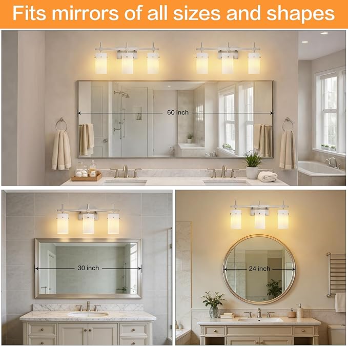 SOLFART Brushed Nickel Bathroom Light Fixtures, 3-Light Modern Vanity Light Over Mirror, Wall Sconces with Milky White Frosted Glass Shades, E26 Socket (Bulbs Not Included)